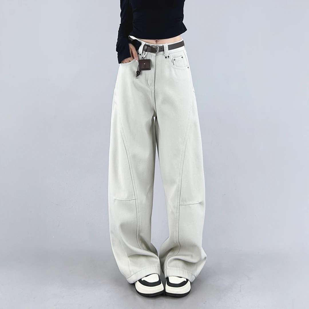 浅色设计感加绒弯刀牛仔裤女2025冬季新款宽松显瘦百搭阔腿镰刀裤