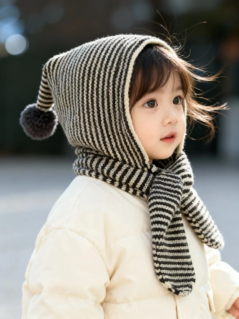 韩系休闲风2025条纹帽子围巾一体秋冬季童帽宝宝百搭洋气针织帽子
