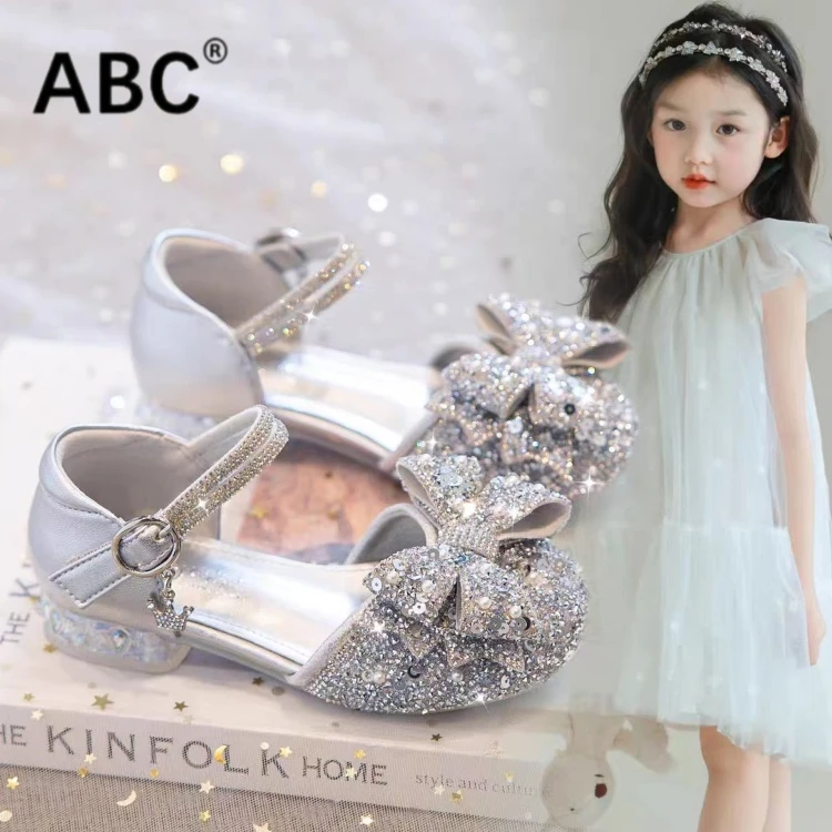 ABC女童洋气公主凉鞋夏季2025新款高颜值高跟鞋艾莎水晶鞋舞台鞋
