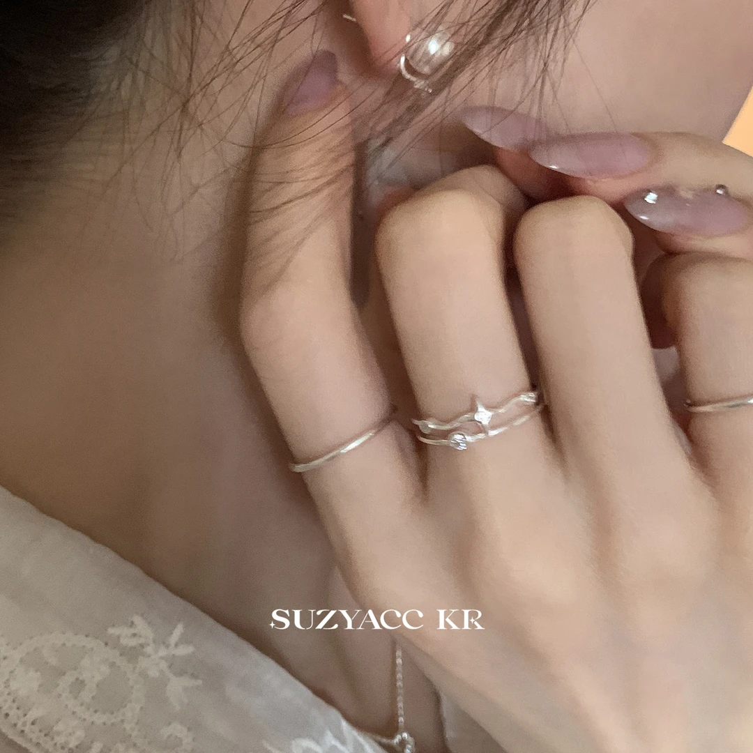 Suzyacc Kr 925银合成锆石戒指 【双层星芒】四芒星戒指食指戒J0870