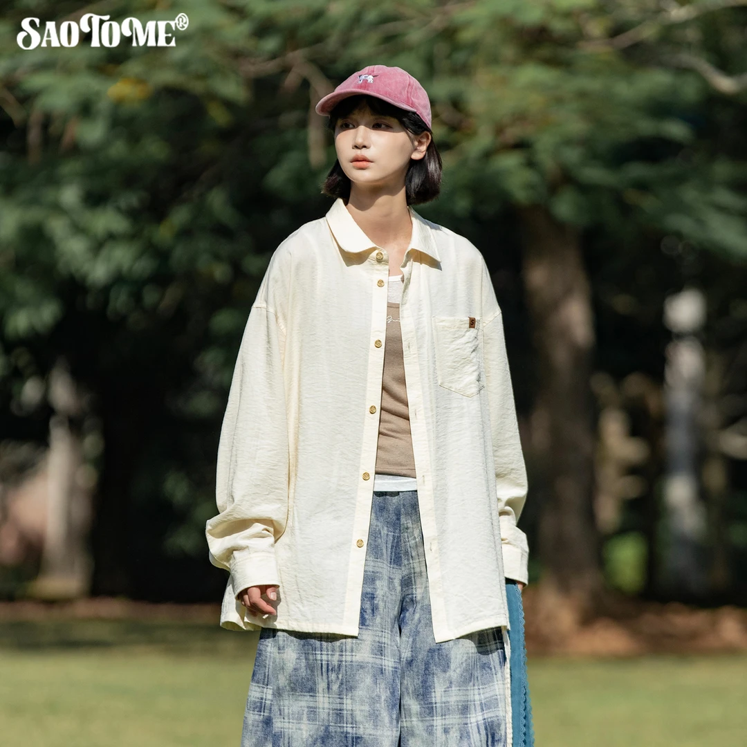 早乙女惠子saotome 日系复古纯色百搭棉质长袖衬衫1085