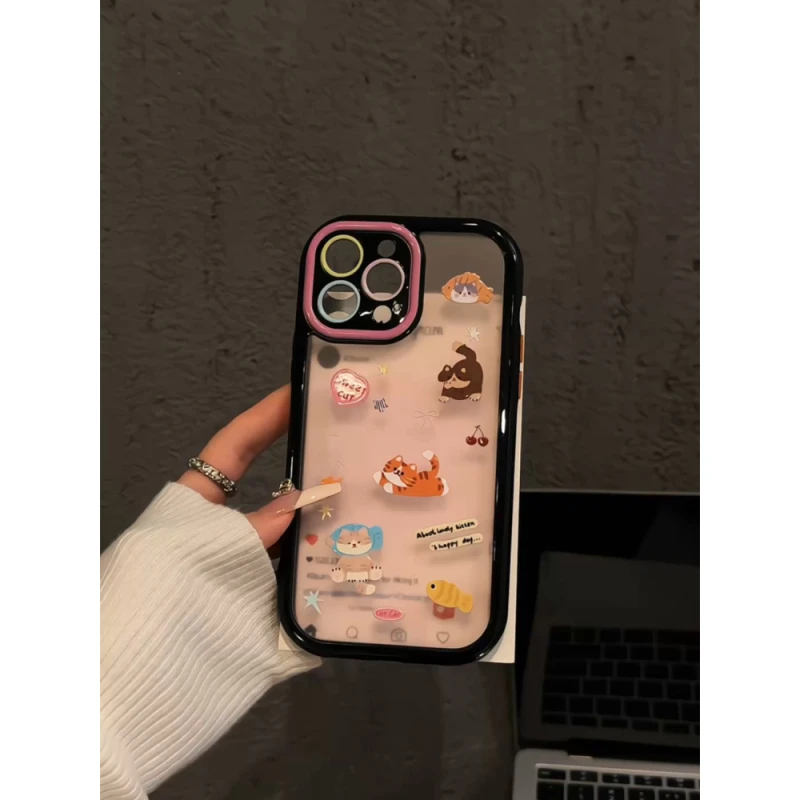 适用苹果16创意iPhone15pro手机壳奶油壳华为p70荣耀可爱图案猫咪