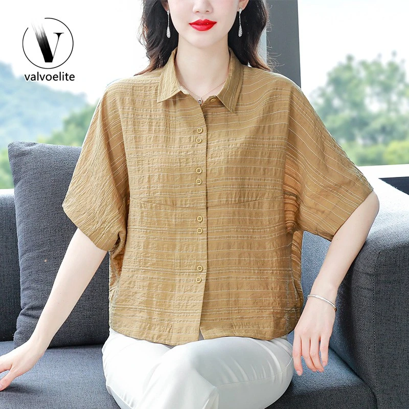 VALVOELITE衬衫女短袖夏季新款妈妈时尚洋气小衫遮肚显瘦条纹上衣