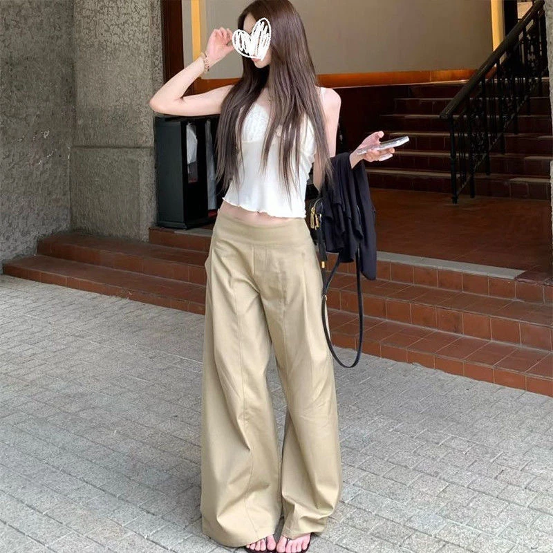 （老七专属）卡其色韩版休闲裤女春秋高腰显瘦慵懒宽松阔腿高级