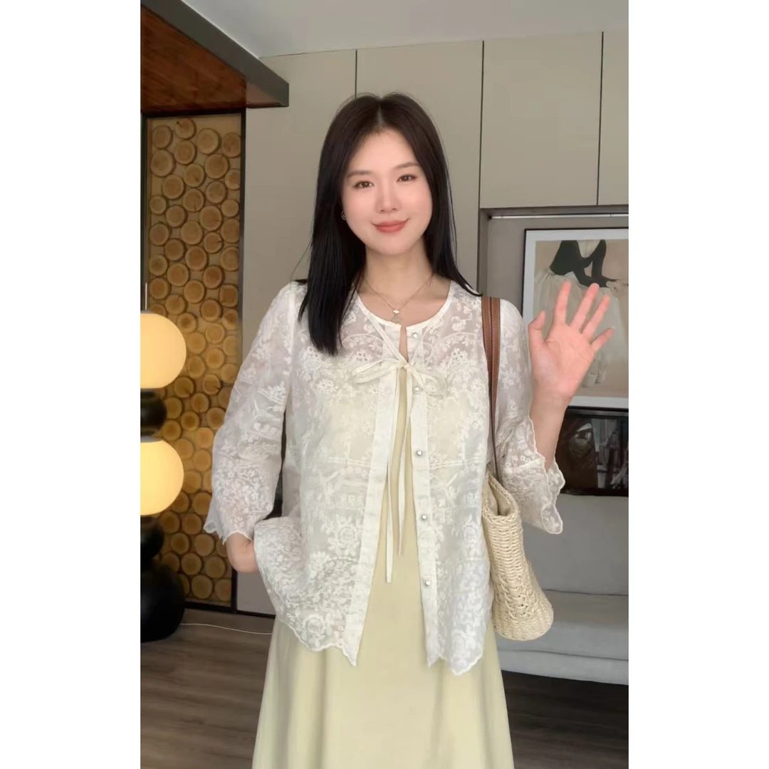 天妇罗套装/圆领开衫吊带裙两件套通勤纯色蕾丝打底衫气质长裙