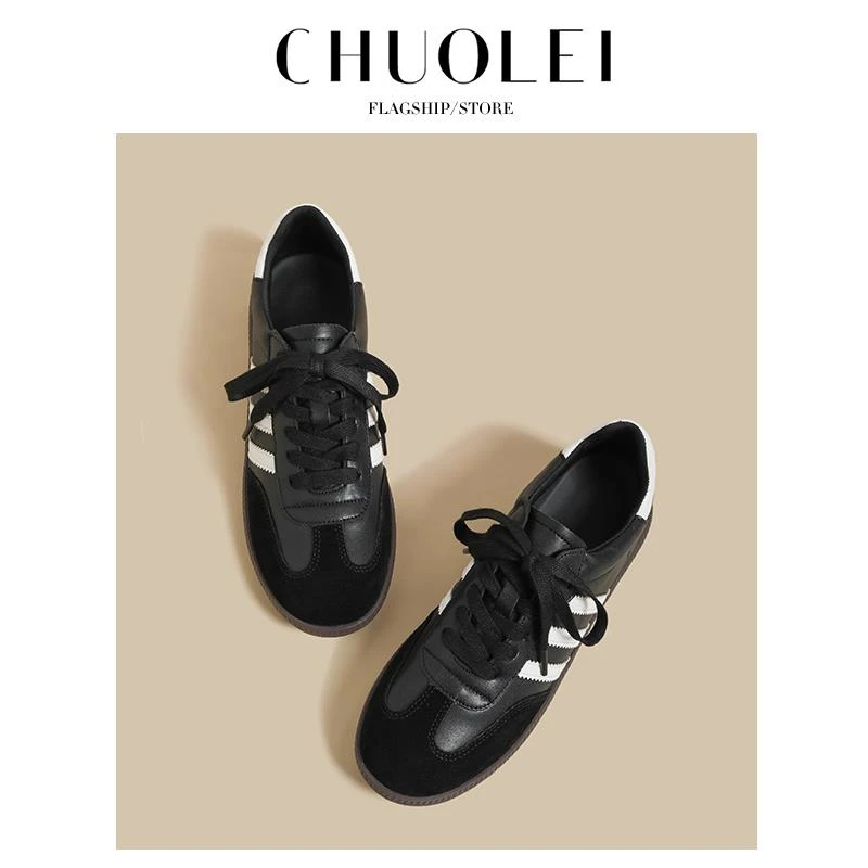 正品德训鞋女2025秋季新款百搭爆款网红黑色平底休闲运动阿甘板鞋