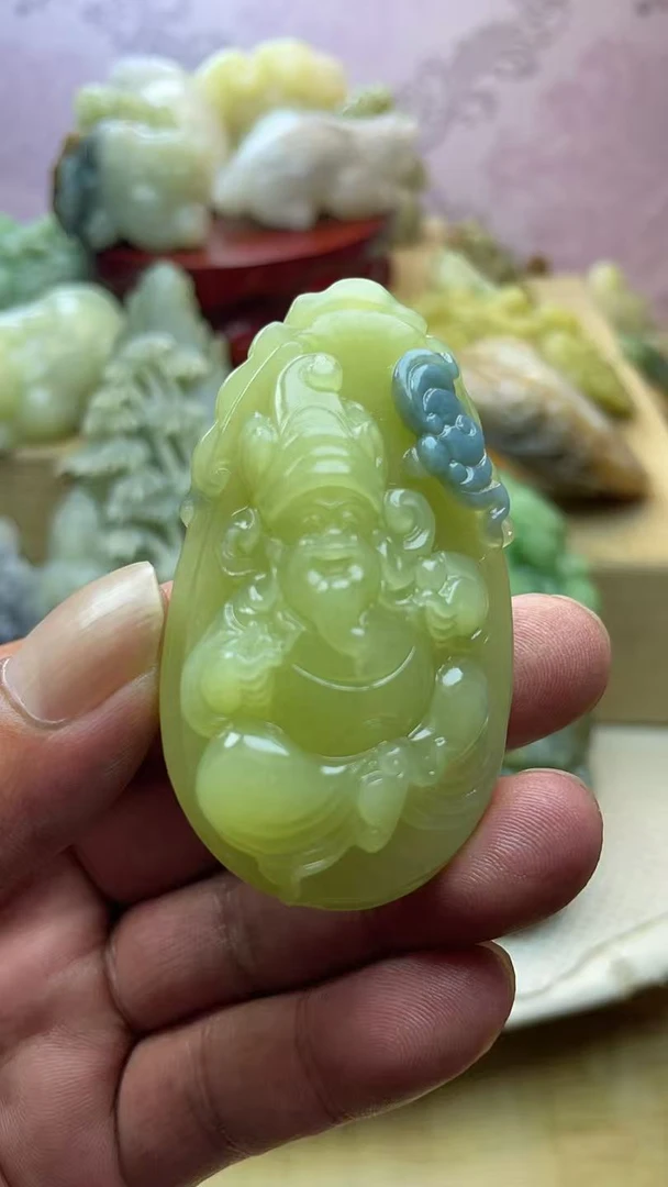 天然和田玉若羌黄口料财神料子细腻雕工精美