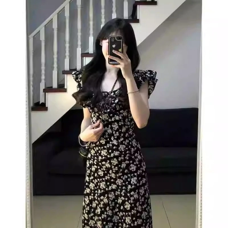 180高个子175加长茶歇法式赫本风黑色碎花连衣裙子女气质收腰长裙