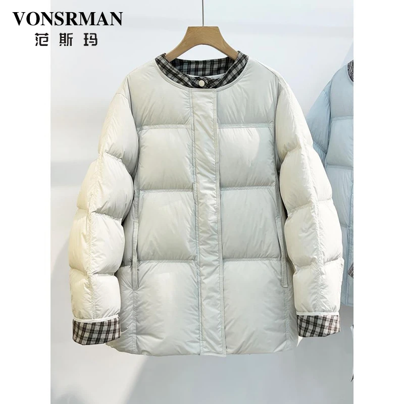 拼接撞色羽绒服女中款遮屁股90白鸭绒2025新宽松休闲时尚外套百搭