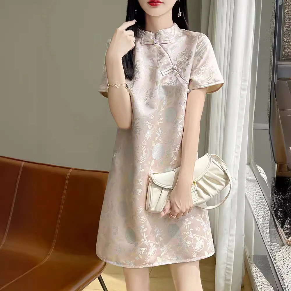 新中式国风提花改良旗袍女2025夏季新款高端气质盘扣短袖连衣裙