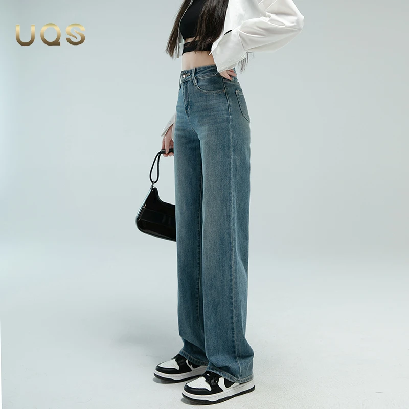 UQS韩版宽松遮胯显瘦女窄版阔腿裤2025年ins高个子加长直筒牛仔裤