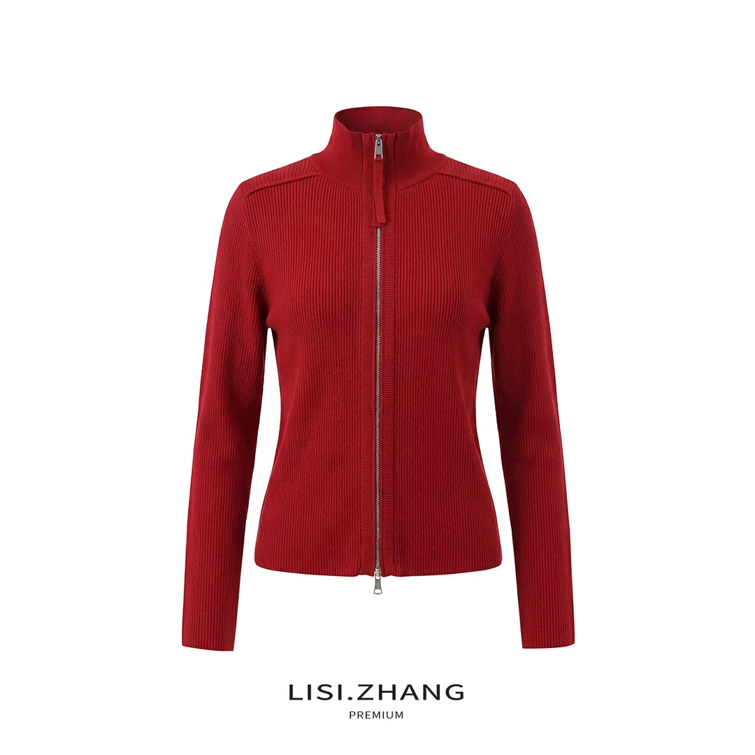 LISI.ZHANG--【纯色立领针织衫】拉链门襟简约桑蚕丝羊毛混纺针织衫