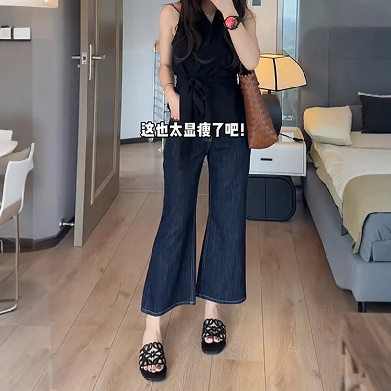 深蓝色冰丝牛仔裤女2025年夏季薄款梨形身材大码显瘦高腰微喇裤子