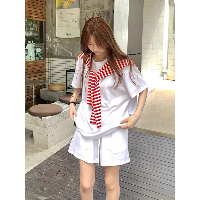 韩系简约时尚运动套装女夏季慵懒松弛宽松短袖短裤显瘦休闲两件套