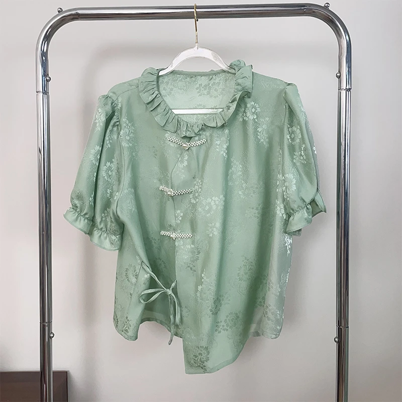 【锦裳丝绸 娃娃衫】100桑蚕丝薄款花边领娃娃衫上衣夏季新品