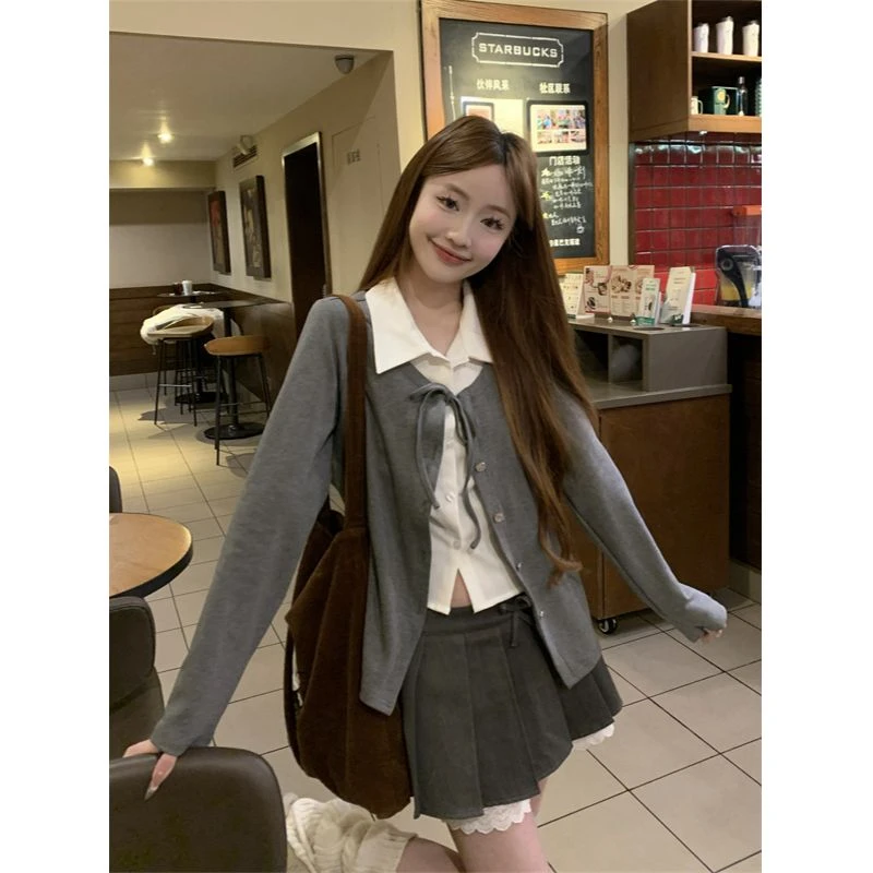 胖颖专属大码春季新款长袖假两件衬衫宽松学院风上衣3521