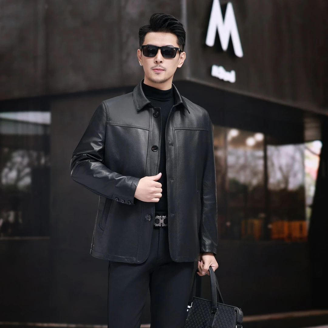 905男士真皮皮衣春秋新款头层牛皮时尚修身中长款翻领商务皮外套