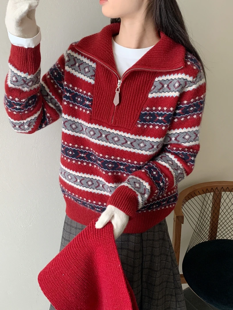 【素简.820132】秋冬新款半拉链提花套头红人上新针织衫