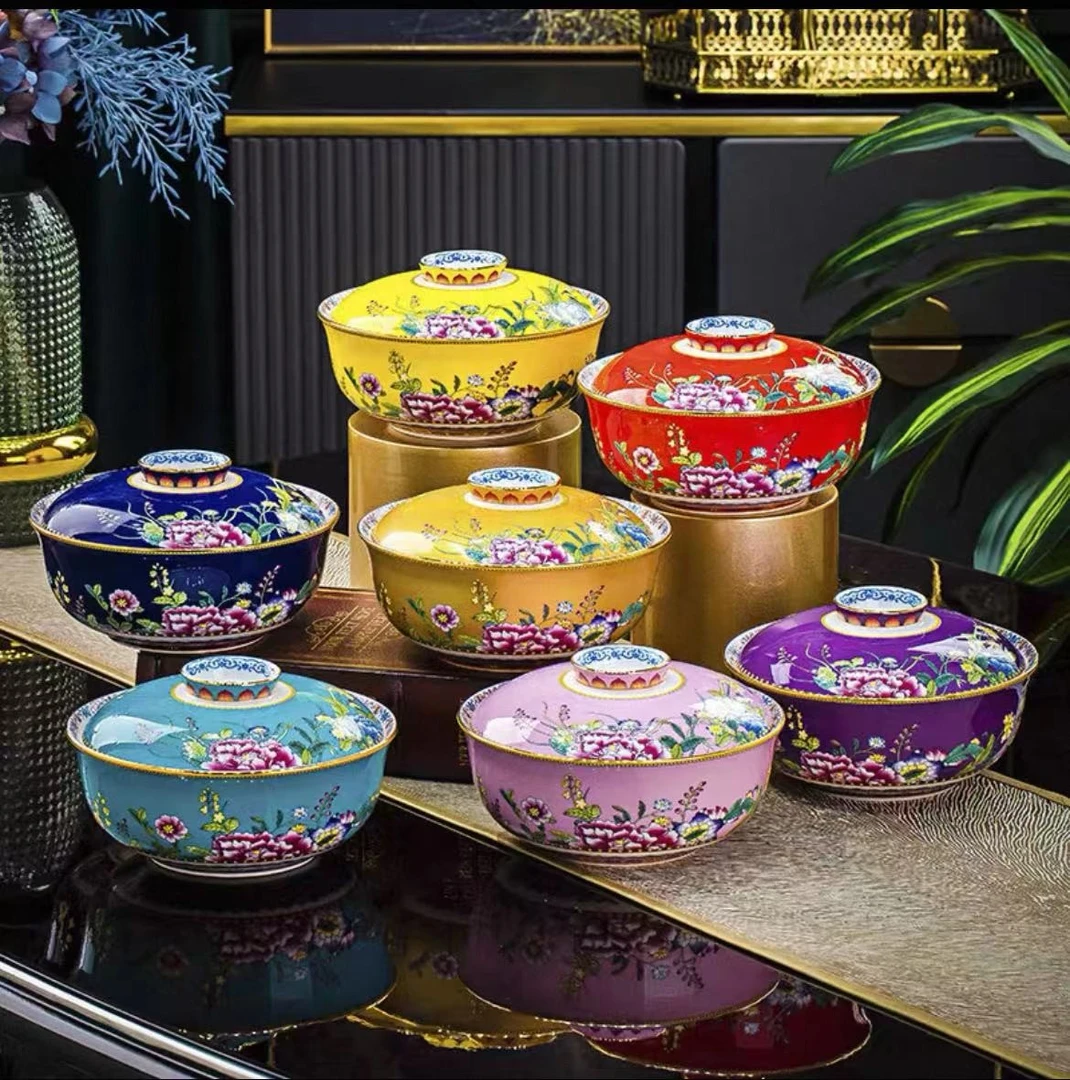 【1个装】7英寸虞美人带盖碗珐琅彩家用大容量汤碗中式骨瓷泡面碗