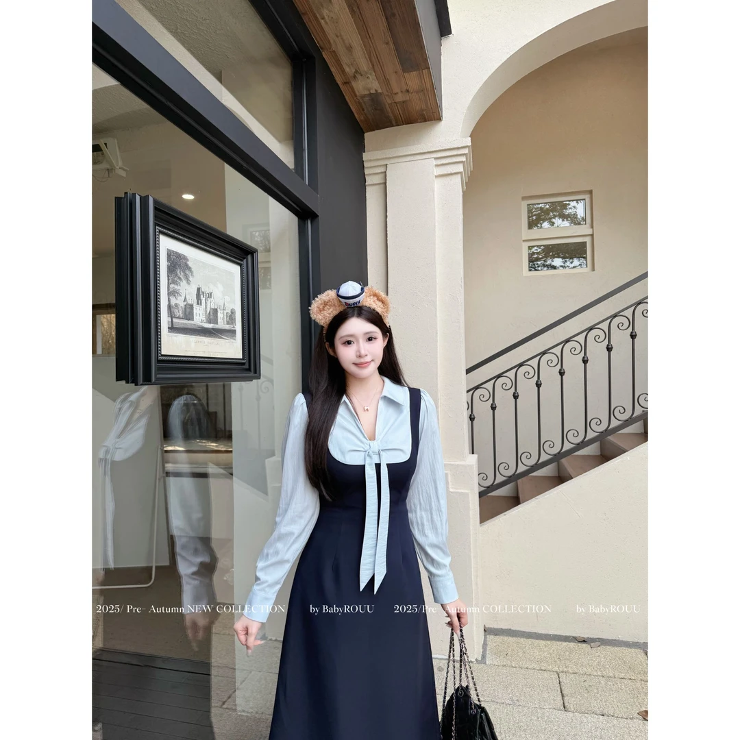 【赫拉学姐】温与柔韩系学院风撞色减龄拼接蝴蝶结显瘦连衣裙