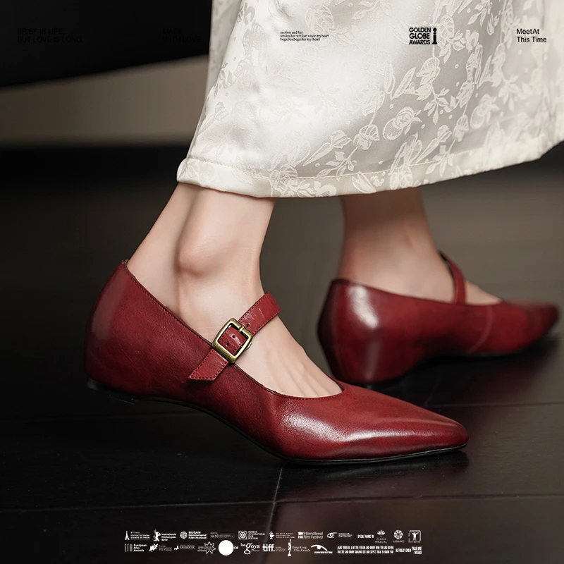 粗跟法式复古内增高水染单鞋百搭一字带春季中跟浅口红色玛丽珍鞋