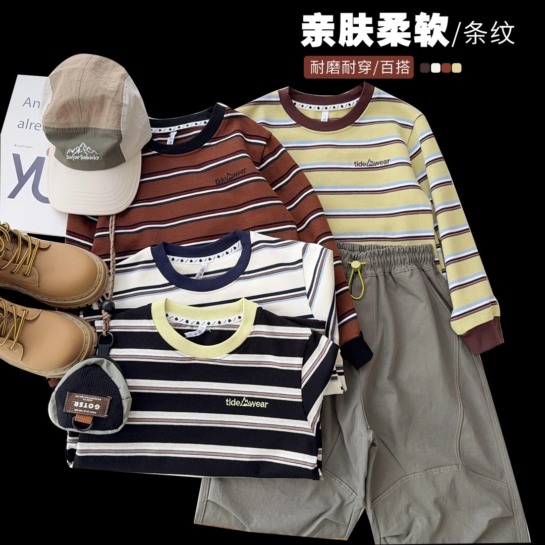 【全棉色织条纹厚T恤】中大童休闲宽松百搭条纹字母打底衫25624
