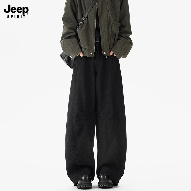 JEEPSPIRIT吉普新款美式弯刀牛仔裤男潮流高级感宽松直筒阔腿长裤