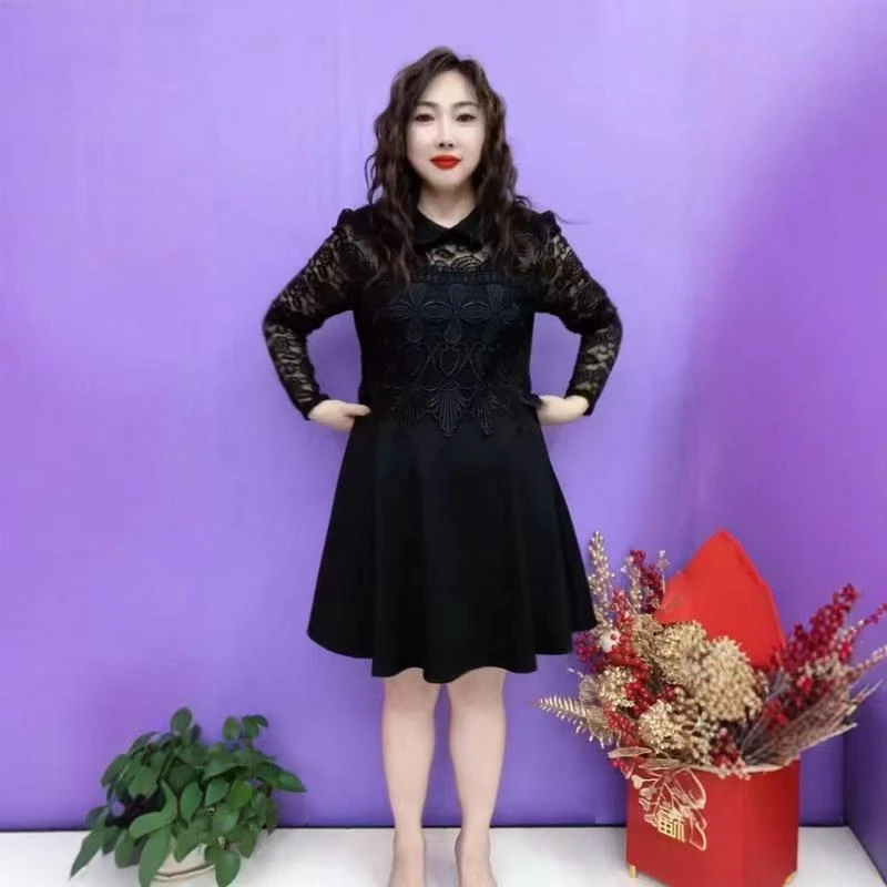 2025春季新款蕾丝长袖娃娃领中长款连衣裙女洋气减龄显瘦百搭遮肉