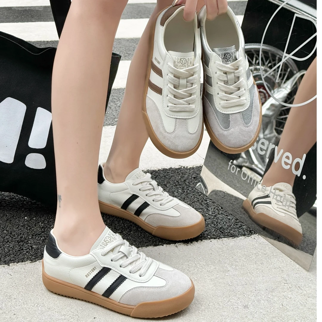 徳训鞋2025春新款女鞋时尚百搭平底小白鞋圆头休闲板鞋真皮阿甘鞋