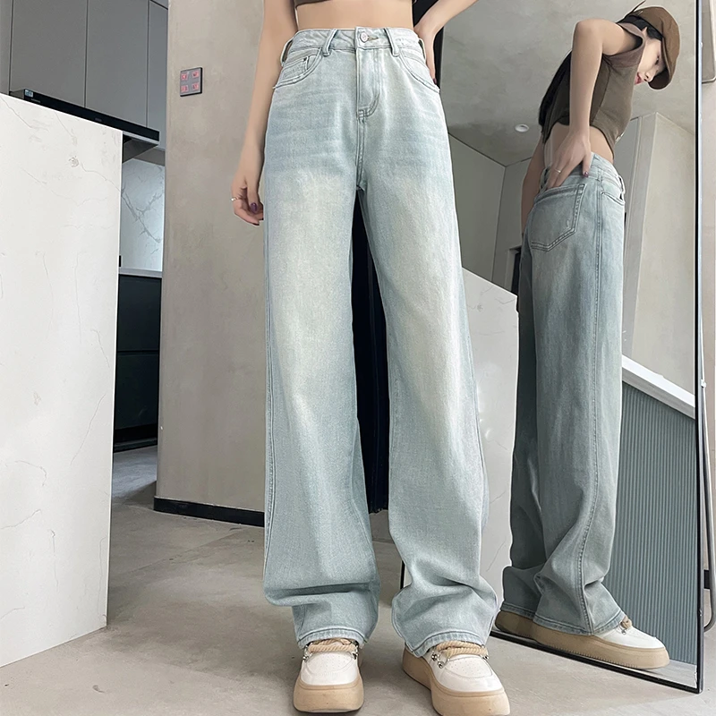 2025春季新款浅蓝高腰阔腿牛仔裤宽松显瘦百搭直筒裤81009