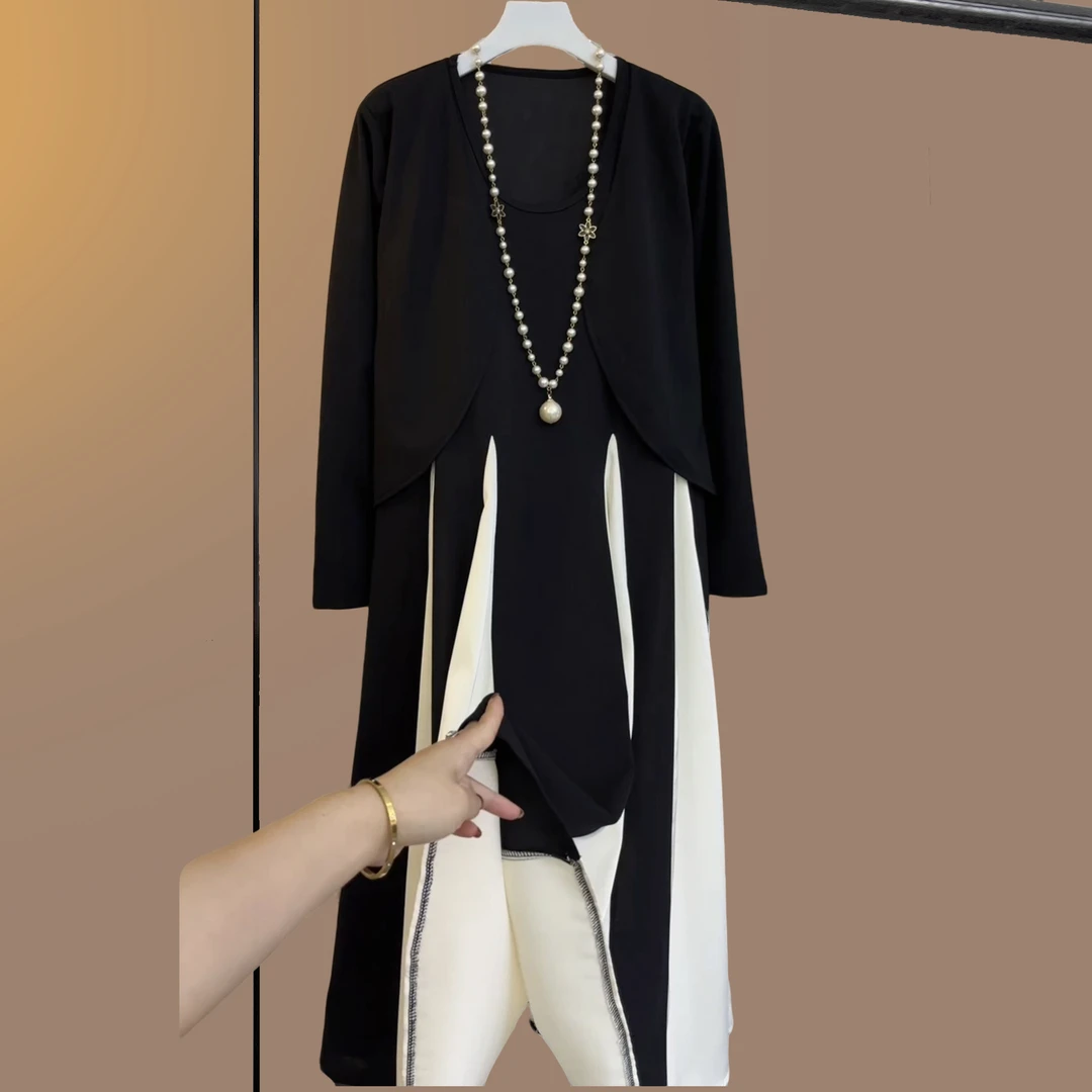 早秋季大码女装胖妹妹气质遮肉显瘦宽松时尚减龄黑色拼接两件套