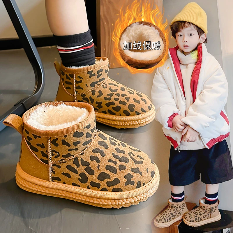 哈基熊雪地靴女童2025新款加绒加厚大棉鞋抗寒保暖豹纹时尚儿童