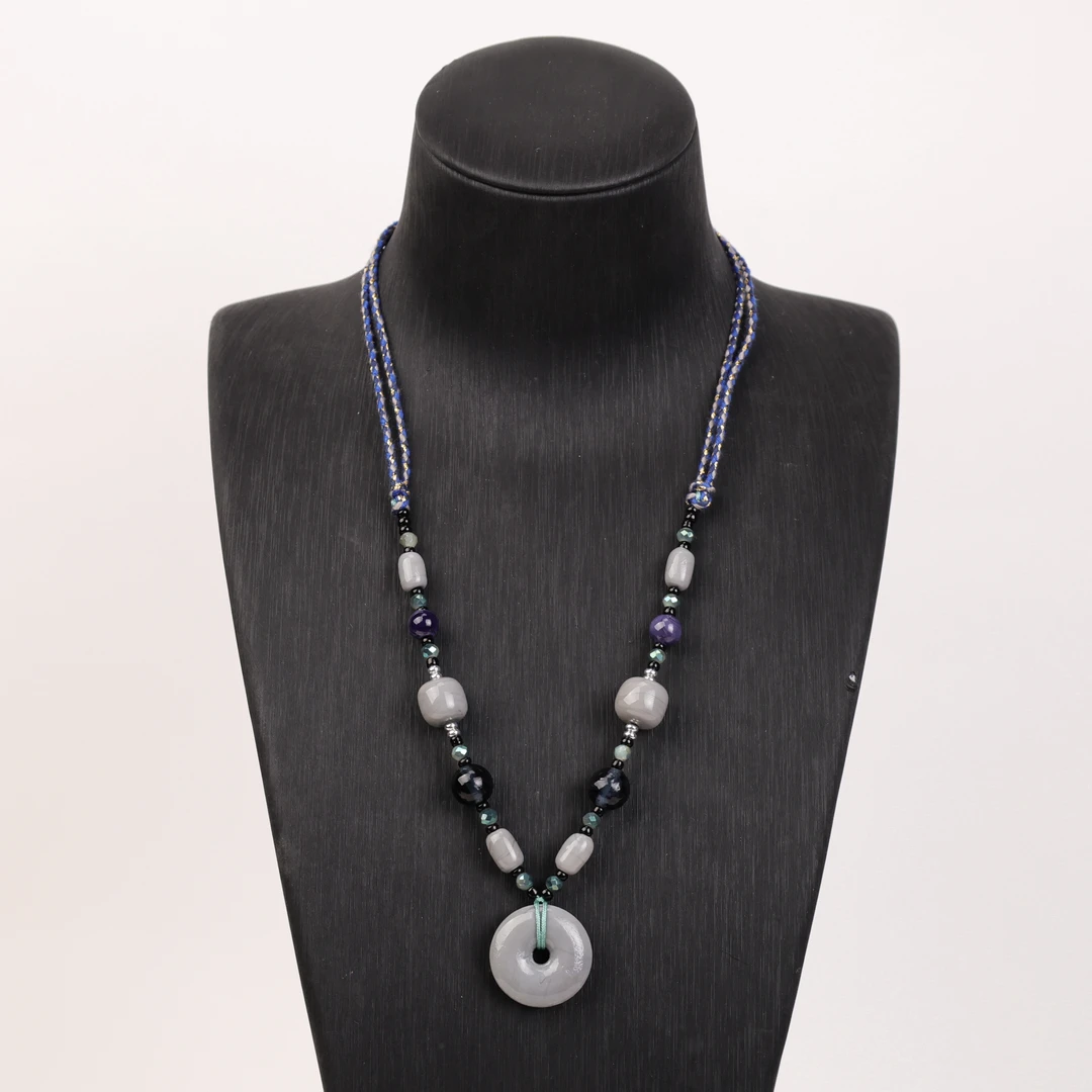 合金项链 LZ2690 莫兰迪浅灰色平安扣绳编琉璃项链