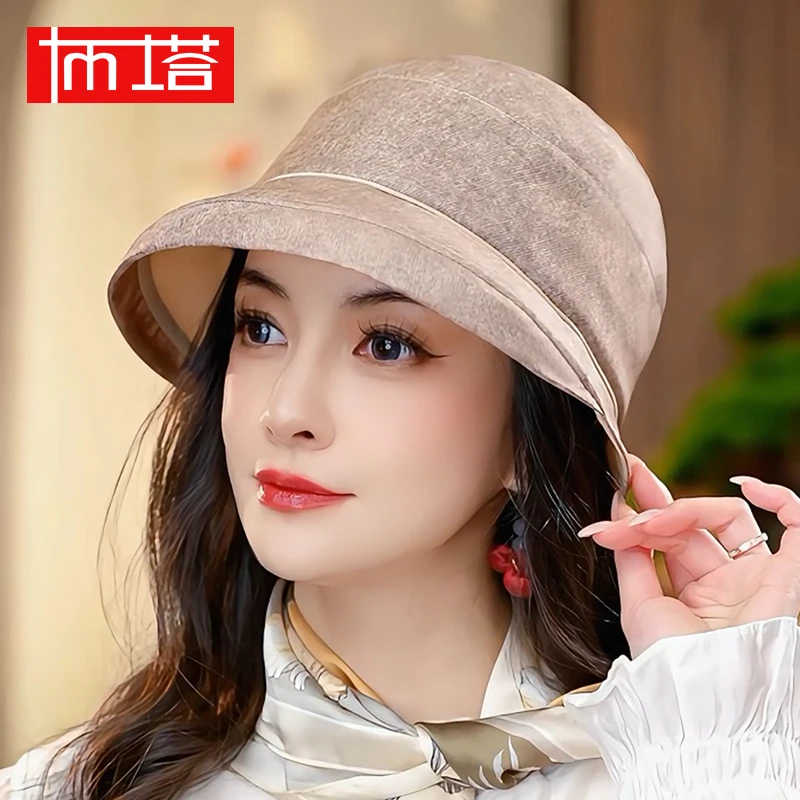 100%桑蚕丝渔夫帽女春夏新款桑蚕丝盆帽日系卷边短檐遮阳帽