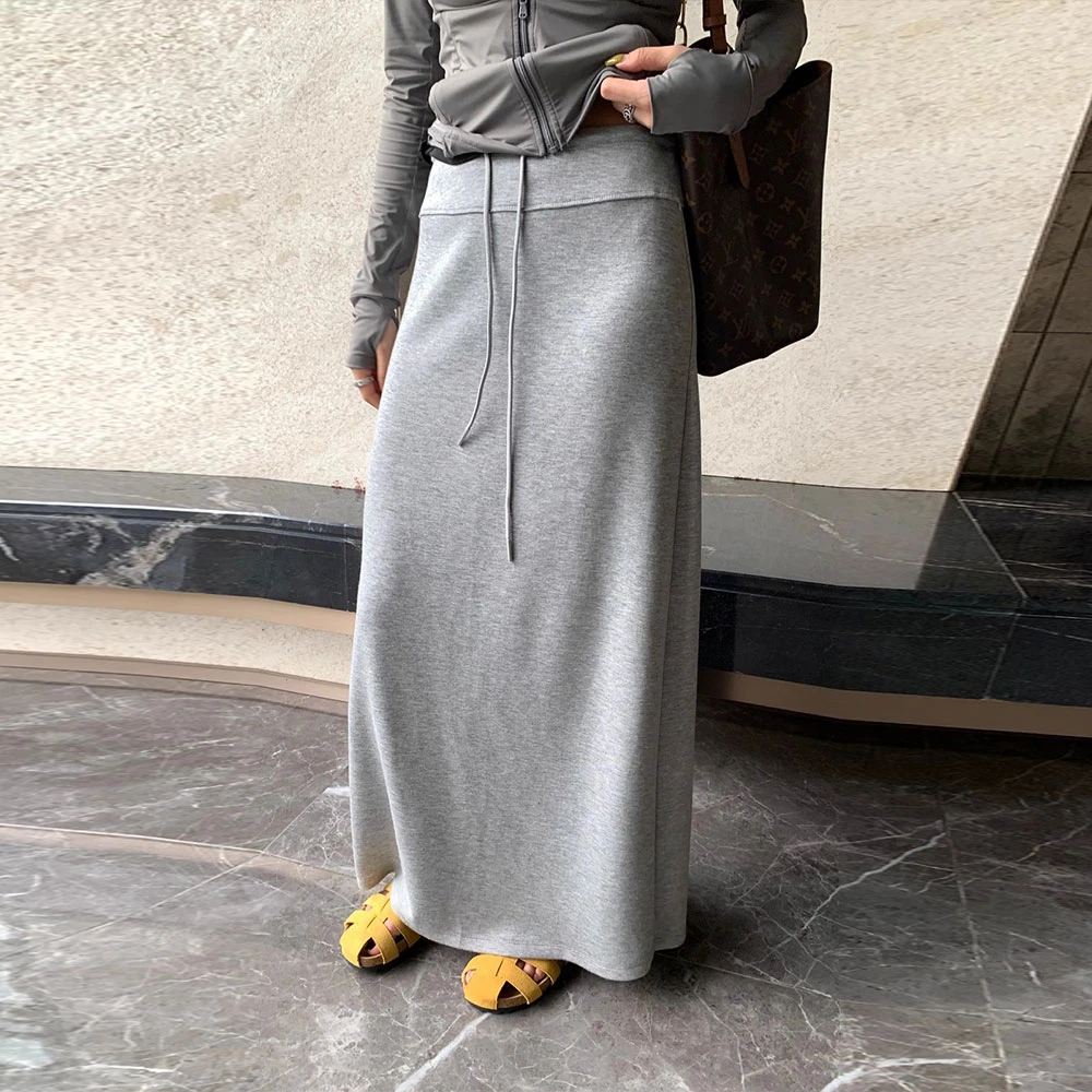 设计感开叉直筒休闲半身裙女2025年夏季松紧腰抽绳百搭中长款卫裙