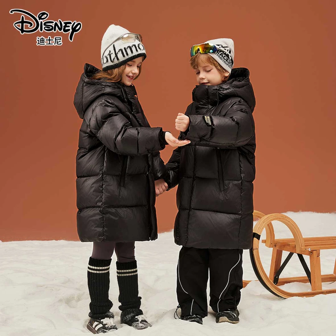 迪士尼儿童黑金系列加厚长款连帽羽绒服冬季外套