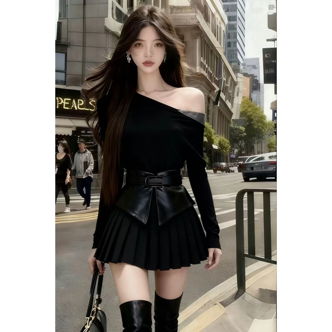 静奢高级氛围感休闲通勤黑色斜领露肩长袖收腰系带百褶连衣裙女