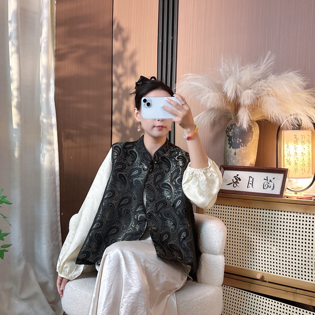 【腰果花】新中式国风香云重缎提花斜襟高级感女士洋气马甲上衣