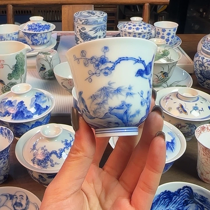 名窑口 见山烧花鸟杯花神杯放漏