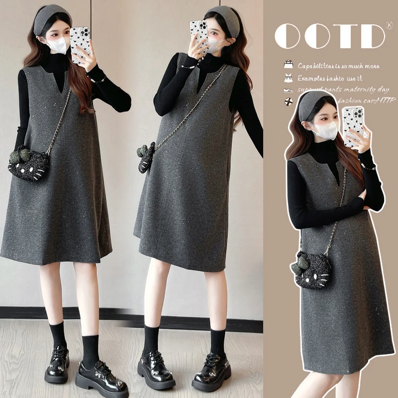孕妇高品质毛呢连衣裙秋冬季新款韩风气质洒金背心裙套装两件套