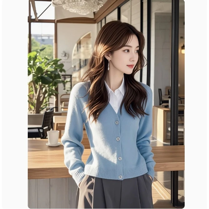 秋季蓝色假两件薄款针织上衣女高级设计感小众气质小香风内搭毛衣