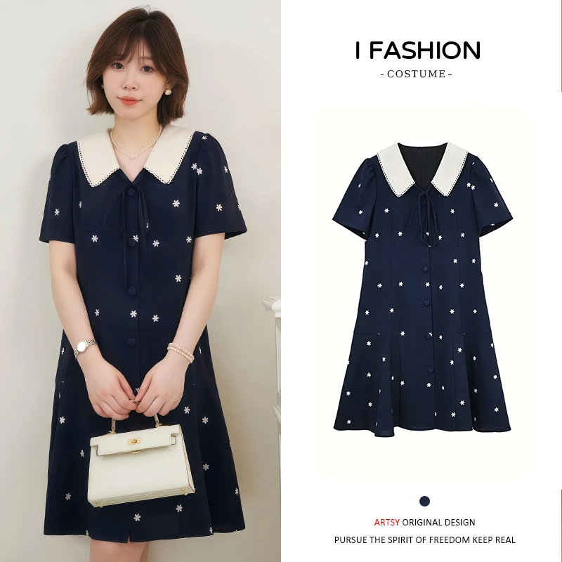 法式小清新绑带短袖连衣裙女2025年夏季新款娃娃领气质收腰裙子潮