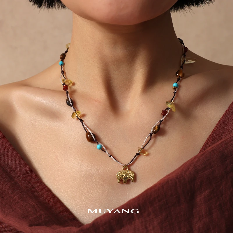 muyang/慕阳 钛钢棉绳项链 手工编织复古小众彩色设计感小象项链