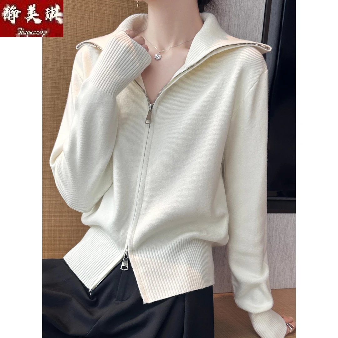 韩系翻领短款加厚外穿毛衣女秋冬双拉炼针织衫独特超好看气质上衣
