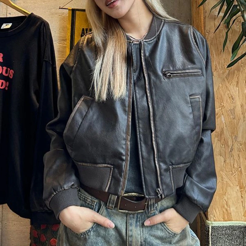 手工擦旧美式短款机车皮衣夹克女新款复古美拉德外套长袖百搭DH3