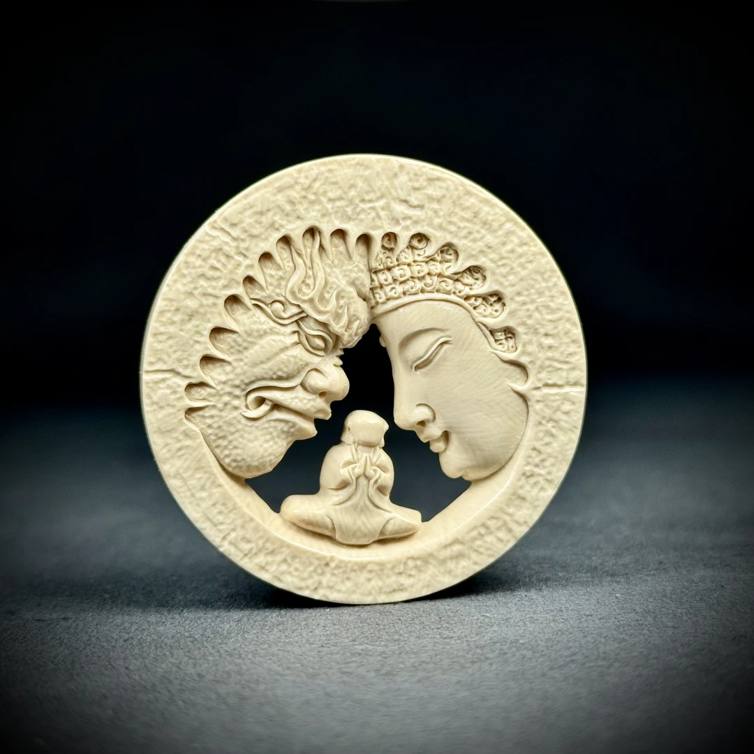 H7198天然猛犸象牙雕刻一念之间53*9mm支持鉴定