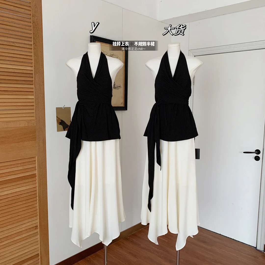 法式V领气质脖系带无袖上衣不规则白色半身裙女清冷感两件套套装