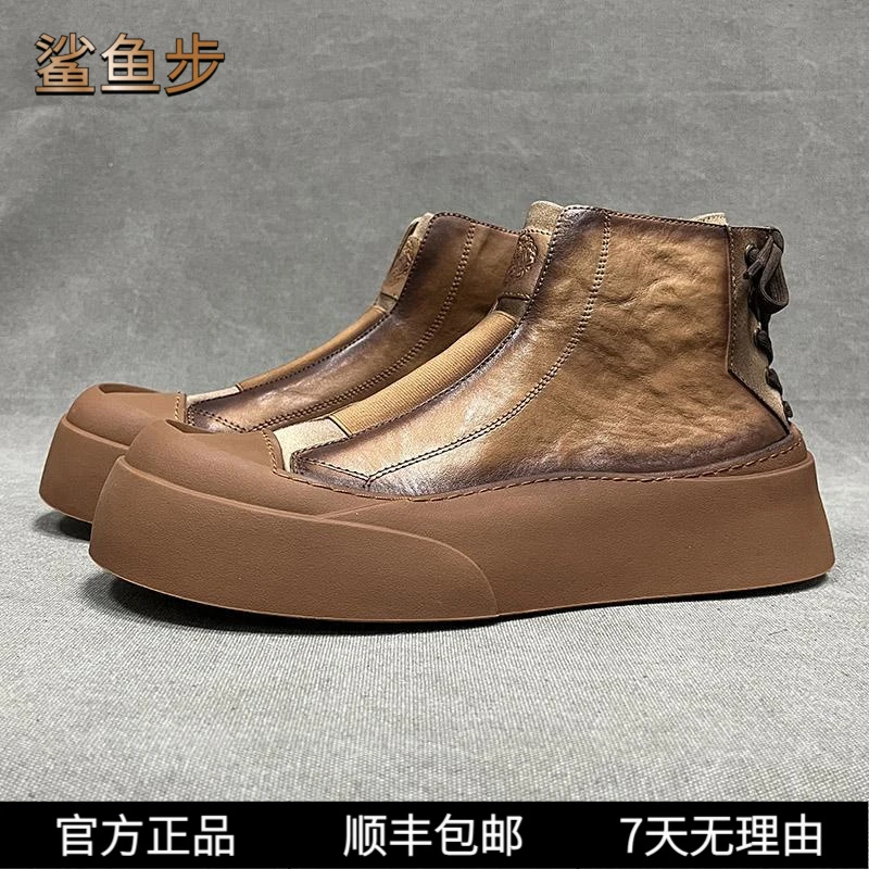 鲨鱼步高帮鞋男真皮春季百搭复古休闲鞋欧美潮流厚底板鞋个性短靴