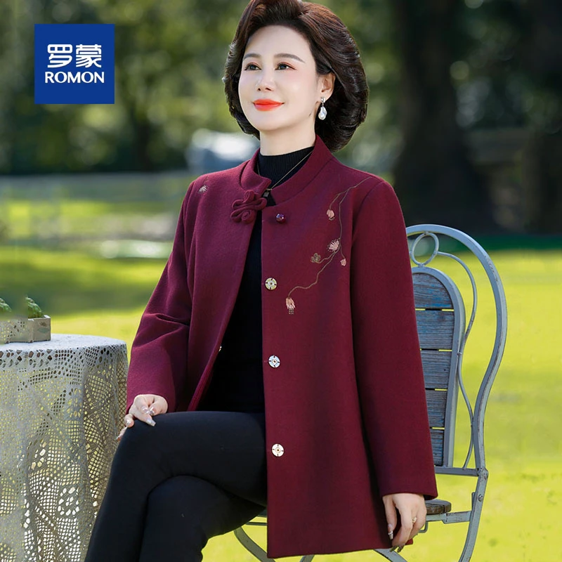 罗蒙气质春秋装妈妈毛呢外套女新款时尚印花减龄中老年呢子大衣女