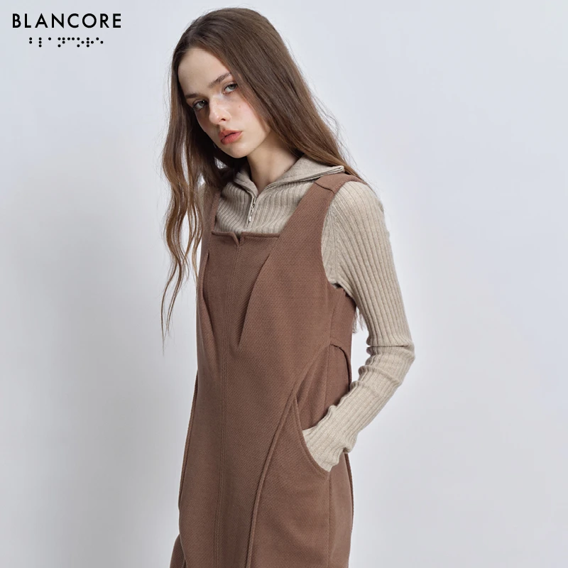 【设计师品牌BLANCORE】冬季新款设计感气质方领背心短连衣裙